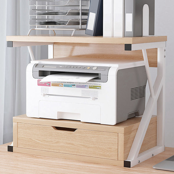 Microwave Oven Shelf Stand with Drawer, 2-Tier Kitchen Countertop Storage Rack Spices Rack Freestanding, Home Office Printer Stand Multifunctional Unit Shelving Wood Top Metal Frame