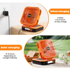 Portable Solar Camping Fan with LED Light, Rechargeable Outdoor Tent Fan, 4 Wind Speeds, Adjustable Brightness, Oscillating Fan with USB Power Bank Function, Type-C Charging