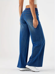 Women's High-Waisted Stretch Wide-Leg Jeans - Elastic Waist Denim Pants with Water-Washed Texture