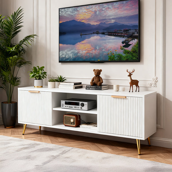 Modern Minimalist Style White Stripes TV Stand 47.2inch Media Unit Storage Cabinet with Open Storage Shelves Entertainment Center for 55 inches TVs Living Room Furniture Cupboard 120cm