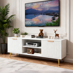 Modern Minimalist Style White Stripes TV Stand 47.2inch Media Unit Storage Cabinet with Open Storage Shelves Entertainment Center for 55 inches TVs Living Room Furniture Cupboard 120cm