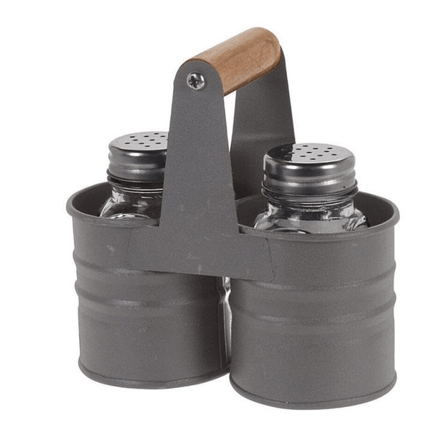 Envenzo Glass Salt and Pepper Shaker Set Grey Metal Tin Storage Holder Kitchen Restaurant Catering For Seasoning and Spices Classic Style