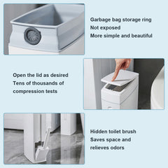 Slim Trash Can with Brush | Large Capacity Narrow Space Garbage Bin, Bathroom Waste Basket with Lid, Creative Home Cleaning Supplies, Plastic, Odor Sealing, No Electricity Needed