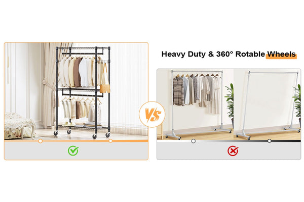 M MZG Heavy Duty Easy to Assemble - Multi-functional Removable Clothes Rack - with Three Shelves, Side Hooks And Locking Casters - Sturdy And Durable - Suitable for Bedroom, Living Room And Wardrobe Black