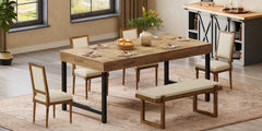 Farmhouse Dining Table for 4-6 People | 139.7 cm Industrial Rectangular Kitchen Dinner Table with Heavy-Duty Metal Legs, Rustic Brown, Multifunctional, Includes 1 Leaf, Assembled, by TRIBESIGNS