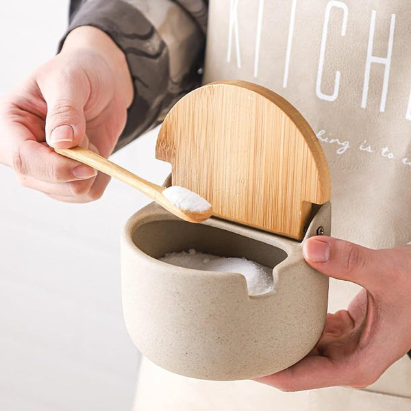 2-Piece Japanese Style Ceramic Spice Jars Set with Bamboo & Wood Lids – Kitchen Storage Containers for Salt, Sugar, Coffee & Tea | Airtight & Stylish Pantry Organisers for Home & Restaurants