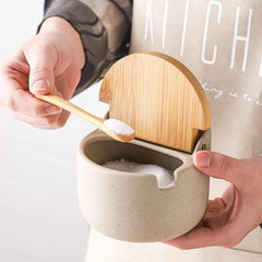 2-Piece Japanese Style Ceramic Spice Jars Set with Bamboo & Wood Lids – Kitchen Storage Containers for Salt, Sugar, Coffee & Tea | Airtight & Stylish Pantry Organisers for Home & Restaurants