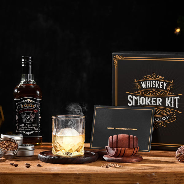 Whiskey Smoker Kit with Torch - 6 Flavors Wood Chips, 2 Glasses, 2 Ice Ball Molds - Cocktail Smoker Infuser Kit, Old Fashioned Drink Smoker Kit, Birthday Bourbon Gifts for Men,Dad(No Butane)