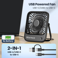 Warmco Quiet Mini USB Desk Fan - USB-Powered Portable Cooling Fan with Strong Wind, 3-Speed Adjustable Speeds & 180° Rotation, Compact Suitable for Home Office Desk, USB-Powered for PC, Laptop, Bedside, Small Room Cooling Device