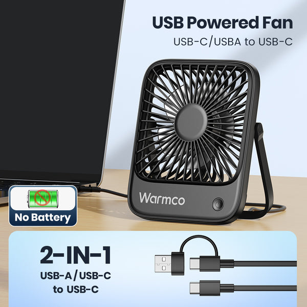 Warmco Quiet Mini USB Desk Fan - USB-Powered Portable Cooling Fan with Strong Wind, 3-Speed Adjustable Speeds & 180° Rotation, Compact Suitable for Home Office Desk, USB-Powered for PC, Laptop, Bedside, Small Room Cooling Device