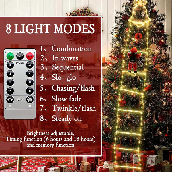 Warmwhite Light 3.3M/130IN 218 Leds Rope Ladders with Climbing Santa Christmas Decorations Lights Battery Powered for Indoor Outdoor Xmas Tree Balcony Window Decor