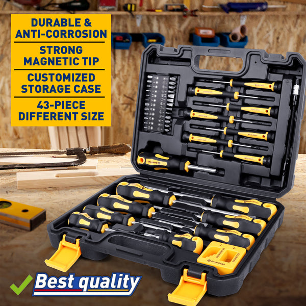 Amartisan 43pcs Magnetic Screwdriver Set with Case, Chrome Vanadium Steel, Includes Slotted, Phillips, Hex, Pozidriv, Torx & Precision Screwdrivers, Magnetizer/Demagnetizer, Flexible Shaft for Home Repair, DIY & Professional Use