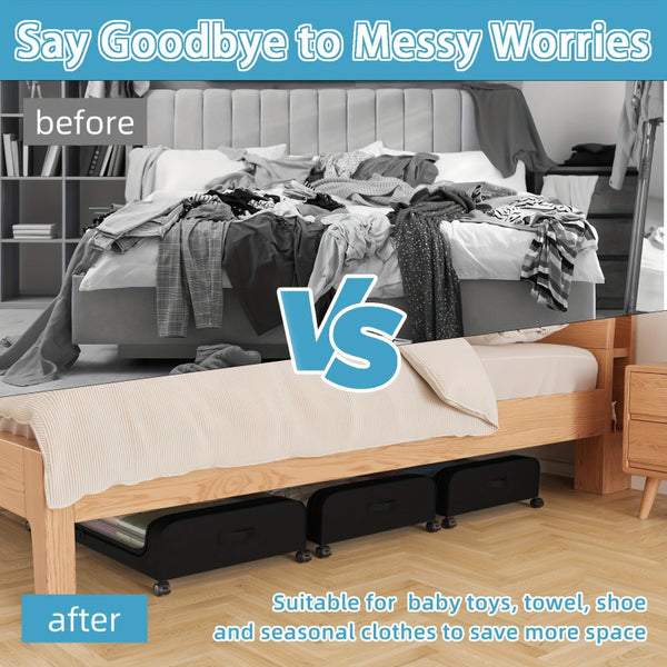 2 sets Underbed Storage Box, Underbed Storage Box with Wheels Lid, 96L Metal Frame, Bed Box, Organiser, Storage Bag, Foldable Underbed Box for Clothes, Shoes, Blankets, Bedding, Black, Under-Bed Storage