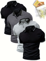 4pcs Set of Summer Lapel Men'S Polo Shirts Solid Color Short Sleeve Multicolor Golf Shirts Workwear Casual Athletic Wear Men'S Top