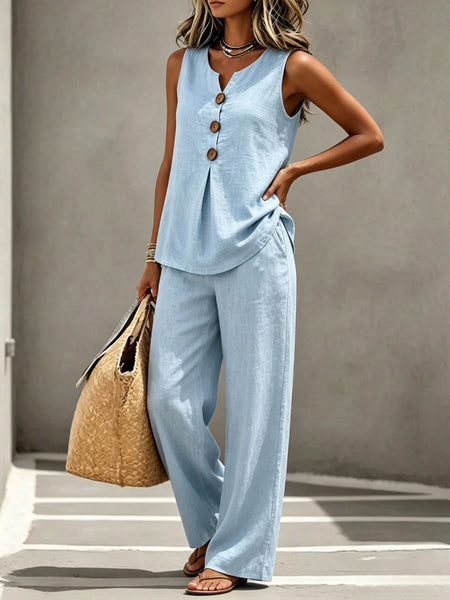 Spring Summer Women's Matching 2pcs Sets, V-Neck Sleeveless Button Top & Flowy Wide Leg Pants, Casual Resort Style Loungewear, Perfect for Summer Holiday, Staycation & Casual Outings, Holiday Essential