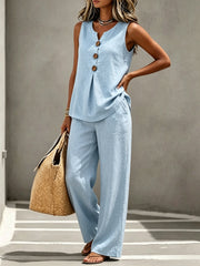 Spring Summer Women's Matching 2pcs Sets, V-Neck Sleeveless Button Top & Flowy Wide Leg Pants, Casual Resort Style Loungewear, Perfect for Summer Holiday, Staycation & Casual Outings, Holiday Essential