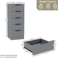 Modern 5 Drawer Narrow Chest of Drawers Dresser Space Saving Storage Organizer Bedroom Furniture