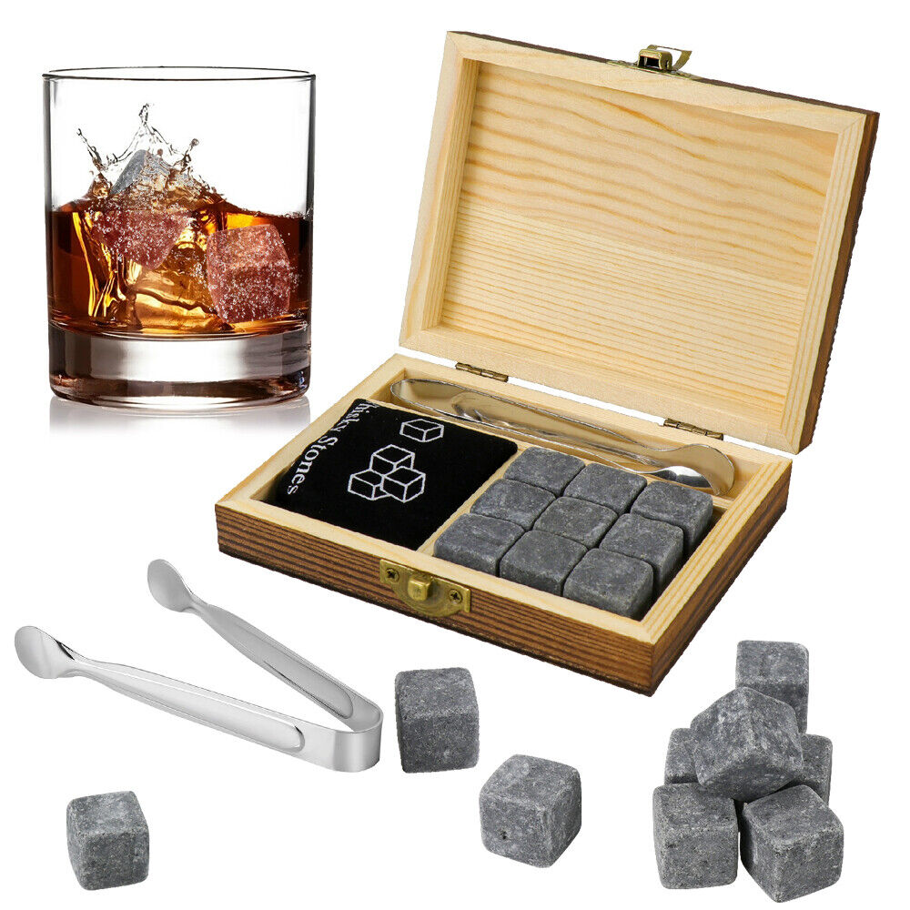 Whiskey Stones Gift Set 9pcs Luxury Wooden Box Chilling Rocks Ice Cubes Serve