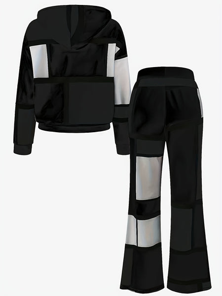 Casual Color Block 2pcs Set, Long Sleeve Hooded Top And Drawstring Pants, Women'S Clothing