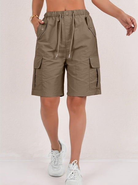 1pc Women' Elastic Waist Drawstring Cargo Shorts with Button Flap Pockets - Knee-Length Bermuda Utility Shorts Suitable for, Camping, Casual Wear, Machine Washable Multi- Shorts for Outdoor & Daily Outfits
