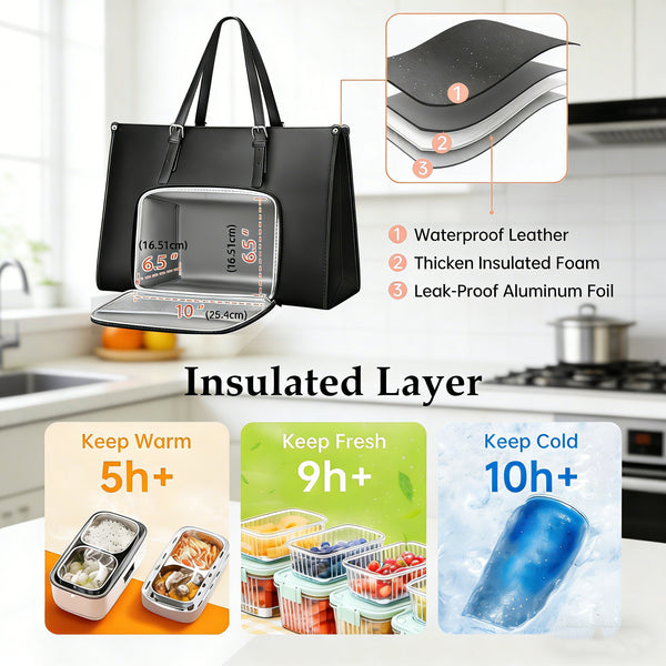 Laptop Tote Bag for Women with Insulated Compartment,Lunch Bag,, 15.6 Inch PU Leather Briefcase Tote, Leakproof Work Handbag with Adjustable Handle, Large Capacity Waterproof Briefcase for School, Multifunctional Office & School Bag, Black