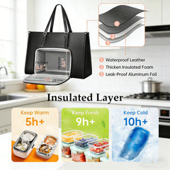 Laptop Tote Bag for Women with Insulated Compartment,Lunch Bag,, 15.6 Inch PU Leather Briefcase Tote, Leakproof Work Handbag with Adjustable Handle, Large Capacity Waterproof Briefcase for School, Multifunctional Office & School Bag, Black