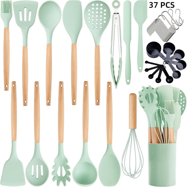 12pcs/22pcs/30pcs/37pcs, Kitchen Utensils Set, Kitchen Cooking Utensils Set, Spoon, Spatula, 446F Heat Resistant Non Stick Food Grade Silicone And Wooden Handles, Measuring Cups And Spoons, S Hooks