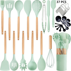 12pcs/22pcs/30pcs/37pcs, Kitchen Utensils Set, Kitchen Cooking Utensils Set, Spoon, Spatula, 446F Heat Resistant Non Stick Food Grade Silicone And Wooden Handles, Measuring Cups And Spoons, S Hooks