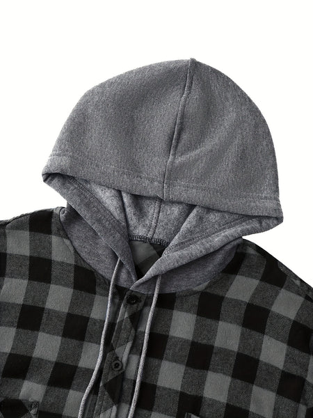 2pcs Men's New York Fashion Trendy Plaid Shirt Hoodie, Plaid Pullover Sweatshirt Flannel Hoodie