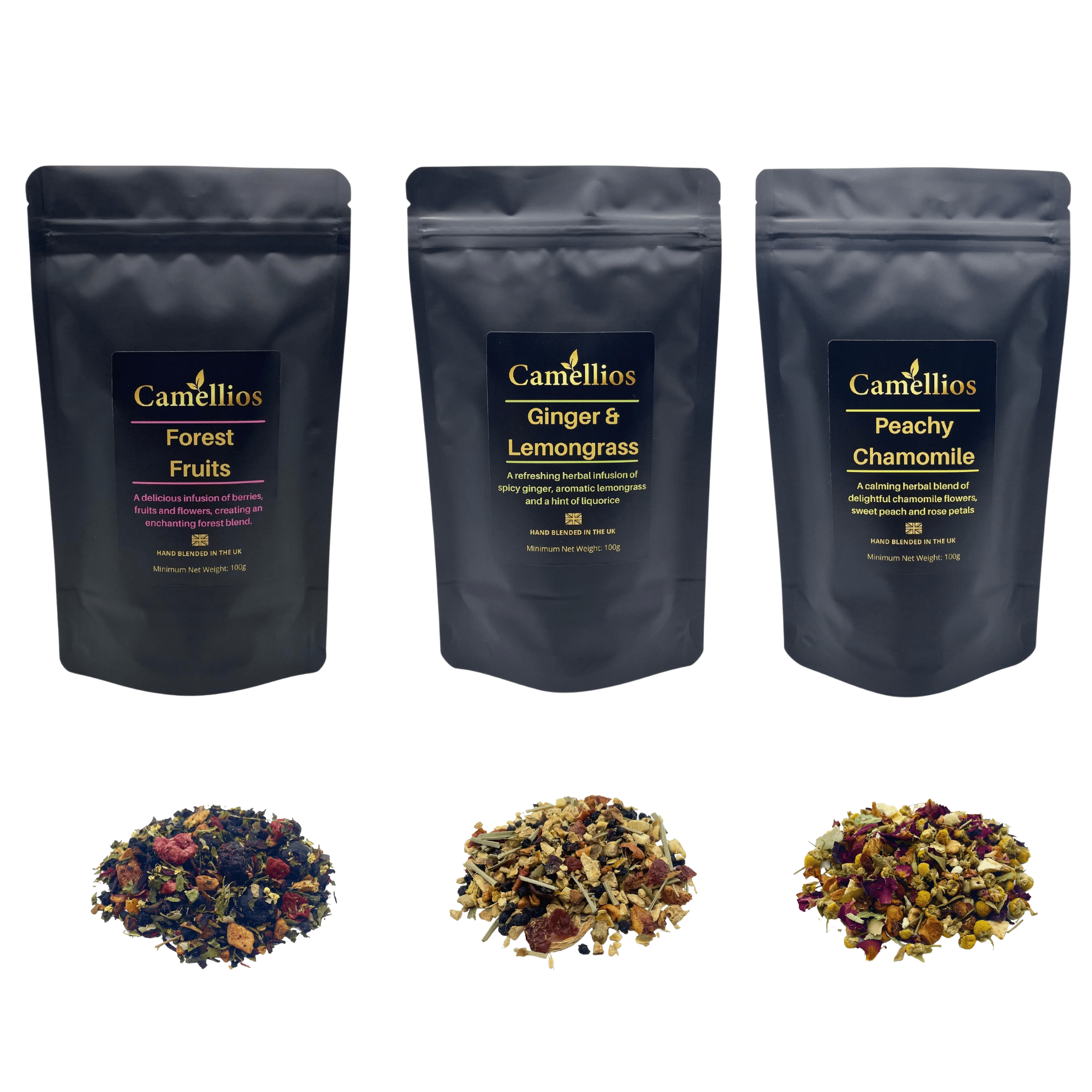 Wellness Herbal Tea Selection – 3 Flavors, 100g Each – 50+ Cups Per Blend – Relaxing & Natural – UK Hand-Blended – Perfect Gift