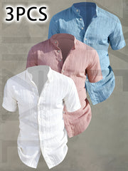 [Pearson OBM] 3pcs Men'S Summer Short Sleeve Shirt - Lightweight Breathable Solid Color Button-Up Casual Shirt with Stand Collar, Machine Washable for Beach Vacation, Pool Party And Casual Attire, Beach Shirt, Perfect for Gifting