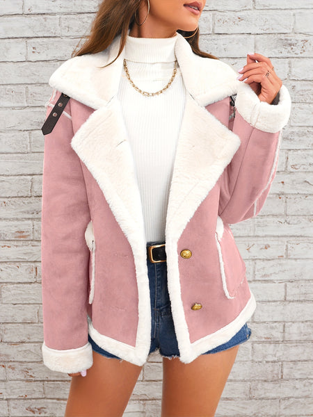 Women's Elegant Lapel Collar Plush Jacket with White Fur-Like Trim - Winter Warm Coat, Structured Fit Front Button Closure, Hand Washable Outerwear for Daily Travel & Holiday Outfits (Solid Color, Autumn/Winter) - Versatile Casual to Semi-Formal Wear