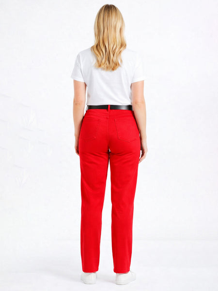 Women's Straight Leg Mid-Rise Chino Trouser Soft Denim Jeans in Blue and Red in Short Regular Long Size 6 8 10 12 14 16 18