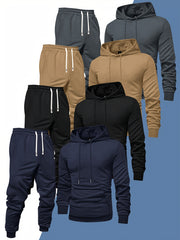 8pcs Men'S Hooded Sweatshirt + Sweatpants Autumn And Spring Casual Sports Suit Solid Color Plain Pullover Regular Long Sleeve Hoodie And Drawstring Elastic Waist Ribbed Ankle Pants