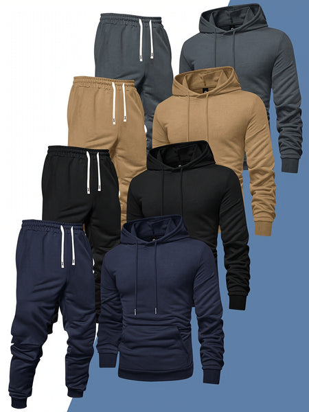 8pcs Men'S Hooded Sweatshirt + Sweatpants Autumn And Spring Casual Sports Suit Solid Color Plain Pullover Regular Long Sleeve Hoodie And Drawstring Elastic Waist Ribbed Ankle Pants