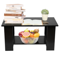 Modern Black Coffee Table with Lower Storage Shelf - Living Room Tea Side End Desk, Contemporary Design with Magazine Rack & Open Storage
