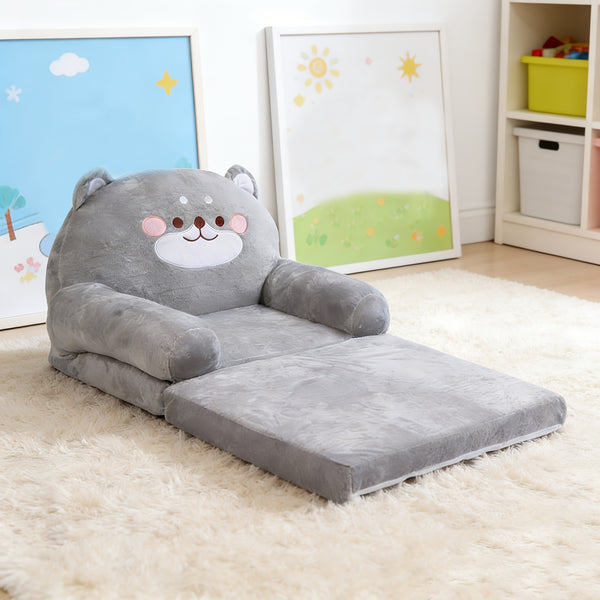 Cozy Kid Folding Sofa, Plush, Washable Lounge Chair for Playroom & Nursery, Gray Dog Style Foldable Wide Handle Soft Breathable Toddler Chair for Reading Relaxing Sleeping(2 Layers)