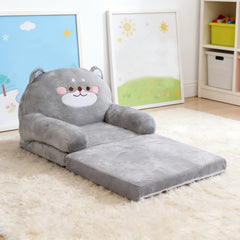 Cozy Kid Folding Sofa, Plush, Washable Lounge Chair for Playroom & Nursery, Gray Dog Style Foldable Wide Handle Soft Breathable Toddler Chair for Reading Relaxing Sleeping(2 Layers)