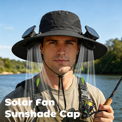 Wearing An Outdoor Solar Fan Hat, It Features A Dual-fan Design And A Wide Brim, Supports USB Charging to Ensure Long-lasting Battery Life, And Is Perfect for Activities Such As Camping, Hiking And Fishing.