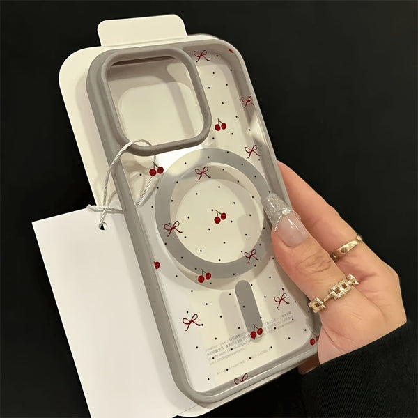 Cherry Polka Dot Phone Case, Supports Wireless Charging Anti-Drop Beige-Feel Magnetic Shell for iPhone 17 Pro Max/17 Air/16/15/14 PLUS/13/12/11 Samsung Galaxy A56/A55/A54/A36/A35/A26/A25/A16/A15/A06/S25 Ultra/S24 FE/S23 Plus/S22, Anti-Drop Phone