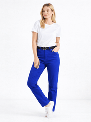 Women's Straight Leg Mid-Rise Chino Trouser Soft Denim Jeans in Blue and Red in Short Regular Long Size 6 8 10 12 14 16 18