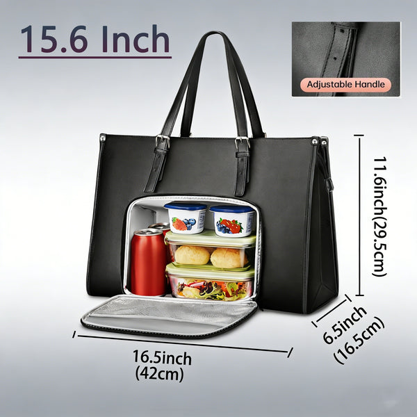 Laptop Tote Bag for Women with Insulated Compartment,Lunch Bag,, 15.6 Inch PU Leather Briefcase Tote, Leakproof Work Handbag with Adjustable Handle, Large Capacity Waterproof Briefcase for School, Multifunctional Office & School Bag, Black