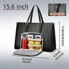 Laptop Tote Bag for Women with Insulated Compartment,Lunch Bag,, 15.6 Inch PU Leather Briefcase Tote, Leakproof Work Handbag with Adjustable Handle, Large Capacity Waterproof Briefcase for School, Multifunctional Office & School Bag, Black