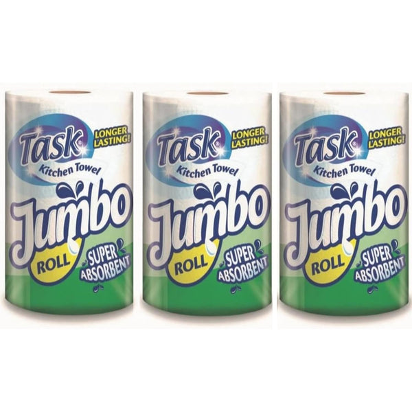 Task Kitchen Towel Super Absorbent Jumbo Rolls – 3X Jumbo Rolls – Ideal for Spills, Cleaning Windows and Messes All Around – All Purpose - Jumbo Size for Extra Use, White