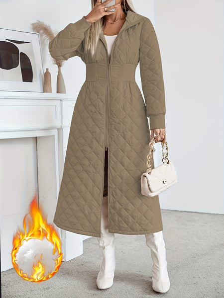 Women'S Casual Quilted Long Coat, Solid Color Long Sleeves with Pockets, Elegant Hooded Winter Warm Jacket