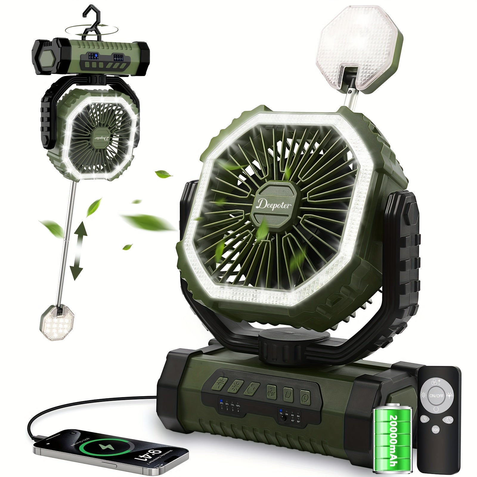 20000mAh Personal Electric , 4 Speeds Wind Hanging , with LED Light Rechargeable Portable USB , Essential for Summer Camping, ABS Material Personal Electric , Outdoor  Suitable for Office, Camping, Picnicking, Beach, Fishing