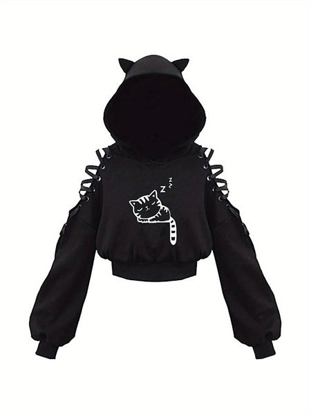 Womens Fashion Printing Sweatshirt Casual Bandage Long Sleeve Exposed Navel Hooded T-shirt