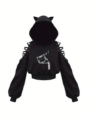 Womens Fashion Printing Sweatshirt Casual Bandage Long Sleeve Exposed Navel Hooded T-shirt