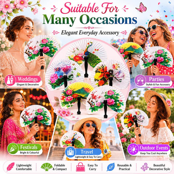 12pcs Folding Fans - Compact Foldable Fans Assorted Designs with Floral and Bird Patterns, Ideal as Gifts and Decorations, Paper Fans