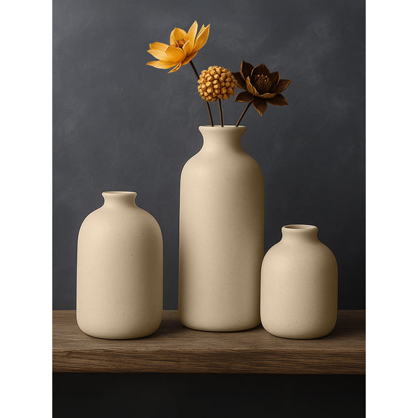 Set of 3 Small Ceramic Vases for Home Decor Table Centrepieces Rustic Farmhouse Style, Mini Decorative Vases (White)
